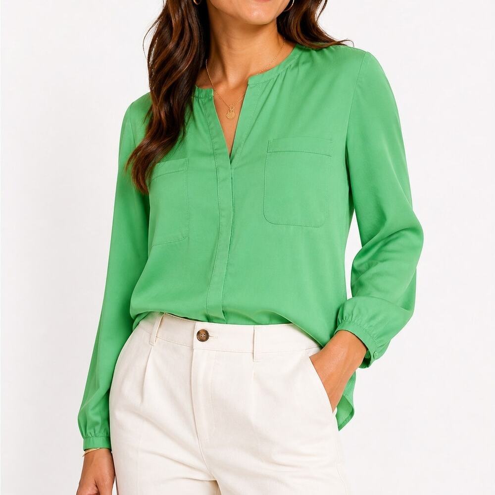 Liz Claiborne Green Smocked Neck Blouse